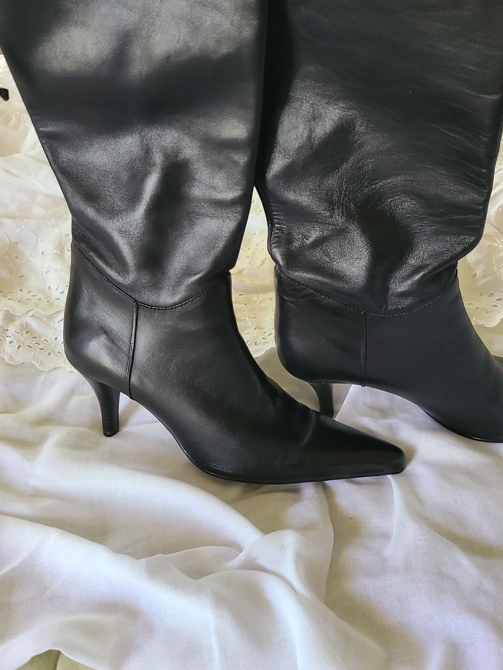 Vintage Nine West Jasco Black Leather Boots Pointed Toe Woven Trim Boho 7M